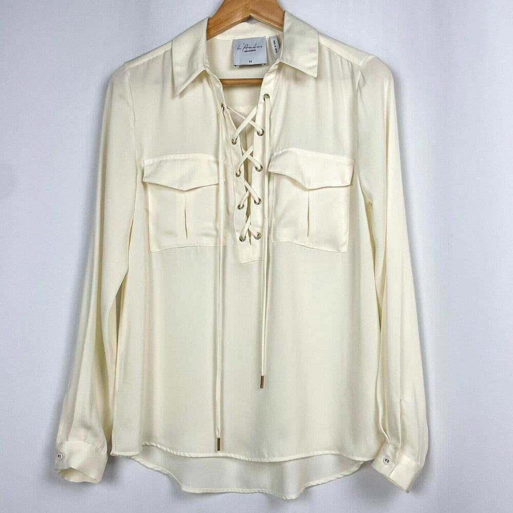 L'Academie Lace‎ Up Front Blouse Size XS Ivory Cream Silky Satin Neutral Top